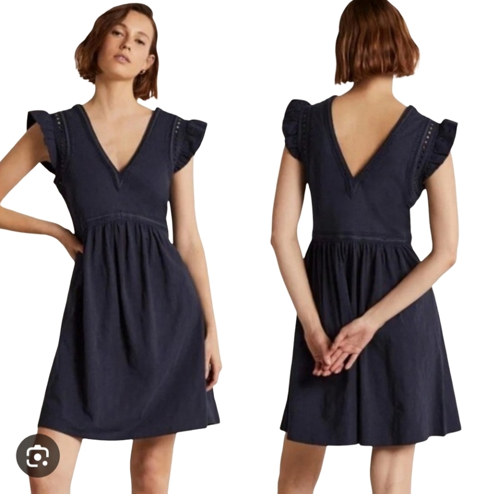 Boden Empire Detail Navy Ruffle Sleeve Jersey Dress Size 12